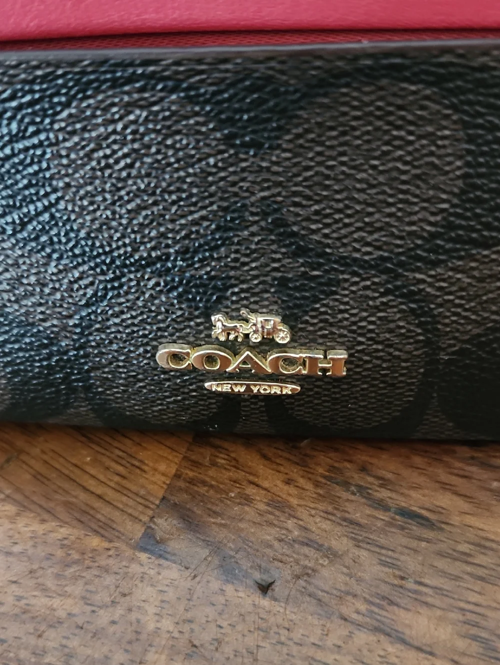 COACH Signature Canvas Card Case Wallet in Brown and Red - Picture 2 of 8